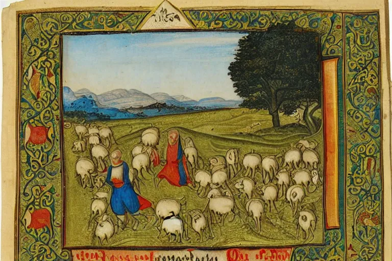 Image similar to medieval illuminated manuscript bible page depicting a tranquil pastoral landscape with sheep