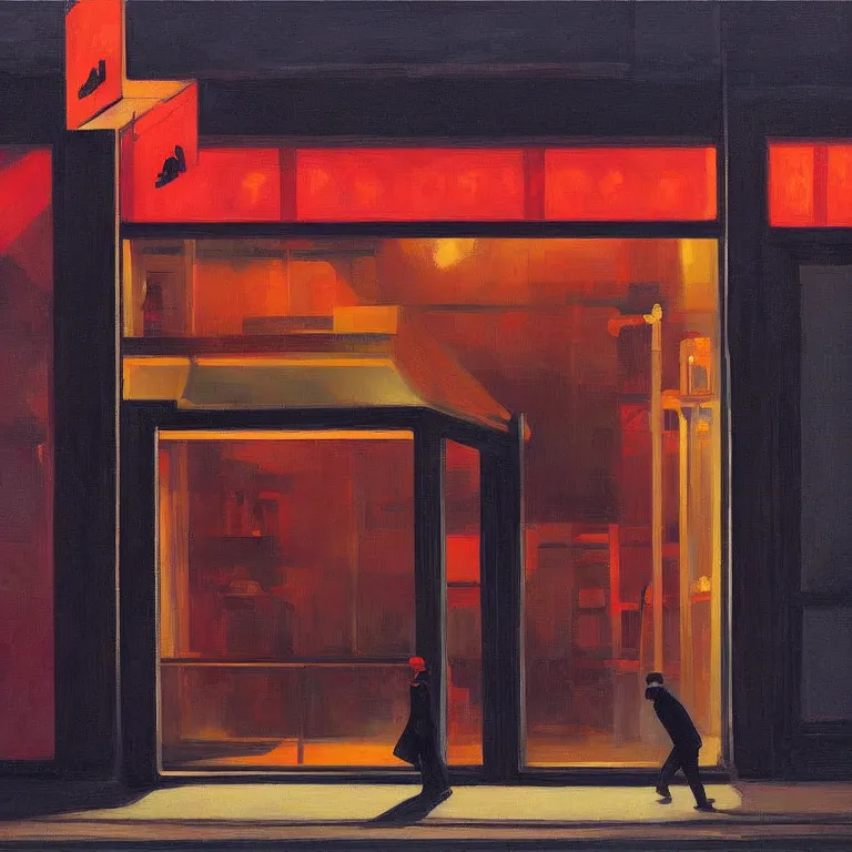 Image similar to dark city all stores closed, except one store glowing inside between dark closed stores, painted by Edward Hopper and James Gilleard, oil painting