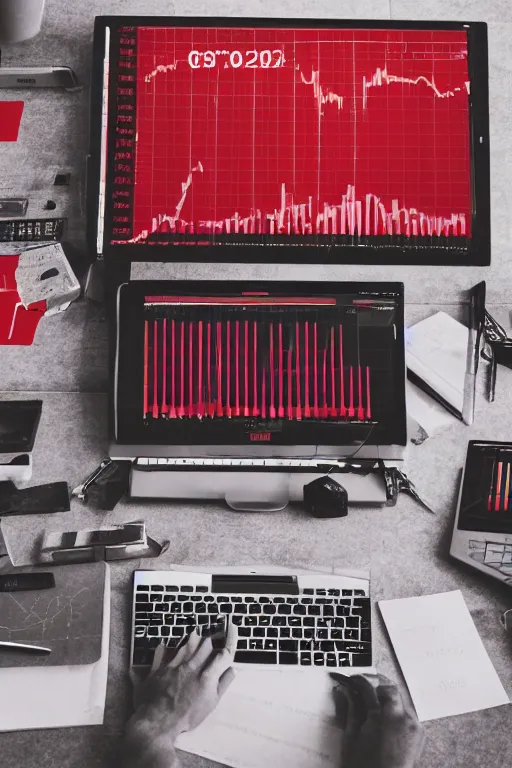 Image similar to stock market collapse, red charts, recession, fantasy, matte painting, office, trader