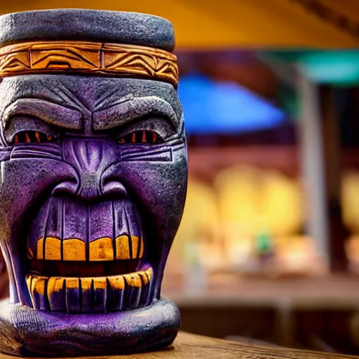 Image similar to a closeup photorealistic photograph of a thanos style tiki mug sitting at a trader vic's beach bar featuring the face of thanos. tiki party. bright scene. fine detail. this 4 k hd image is trending on artstation, featured on behance, well - rendered, extra crisp, features intricate detail, epic composition and the style of unreal engine.