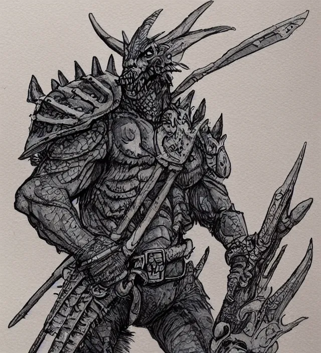 Image similar to a 3 / 4 view watercolor ink painting of dragon / deathclaw hybrid dressed as a raider / bandit in the style of jean giraud in the style of moebius trending on artstation deviantart pinterest detailed realistic hd 8 k high resolution