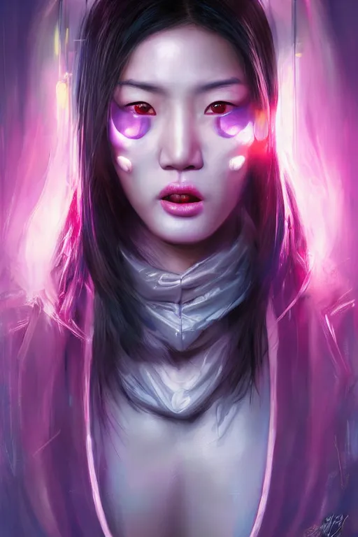 Prompt: stunning highly detailed portrait of a beautiful asian female cyberpunk, mouth open, soft lighting, pastel neon colors, oil on canvas, strong lighting, by glenn fabry, by greg staples, by mandy jurgens, hd, 4 k
