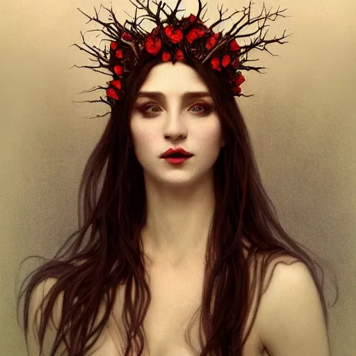 Image similar to portrait of beautiful vampire, flower crown, extreme thorns everywhere, headshot, neck up, head only, pale skin, 4k, rule of thirds, extreme detail, detailed drawing, trending artstation, hd, fantasy, D&D, realistic lighting, by Alphonse Mucha, Greg Rutkowski, sharp focus, backlit, bright red hair