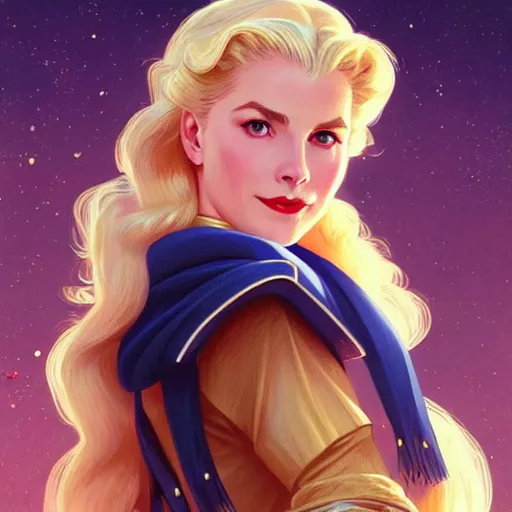 Image similar to Blonde Grace Kelly as Sailor Moon, western, D&D, fantasy, intricate, elegant, highly detailed, digital painting, artstation, concept art, matte, sharp focus, illustration, art by Artgerm and Greg Rutkowski and Alphonse Mucha