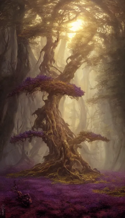 Image similar to Hyper realistic oil painting of a future sci-fi ancient god on the middle of a forest with a lot of purple trees holding a portal that's about to explode, fog, volumetric lighting, sunny day, by Greg Rutkowski and Diego Velázquez