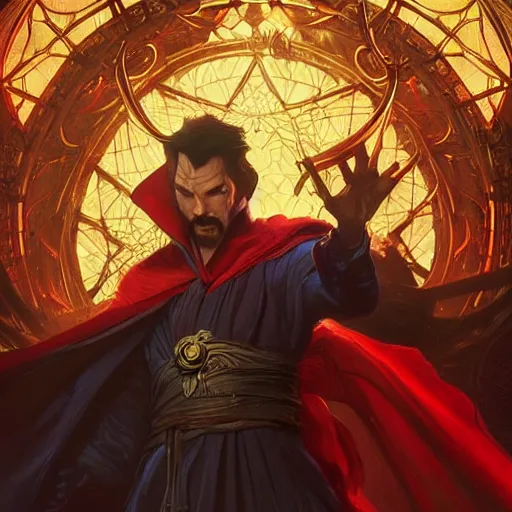 Image similar to Dr strange as a character in Diablo 3, gorgeous, beautiful, intricate, highly detailed, digital painting, artstation, oppressive lighting, concept art, sharp focus, illustration, art by greg rutkowski and alphonse mucha