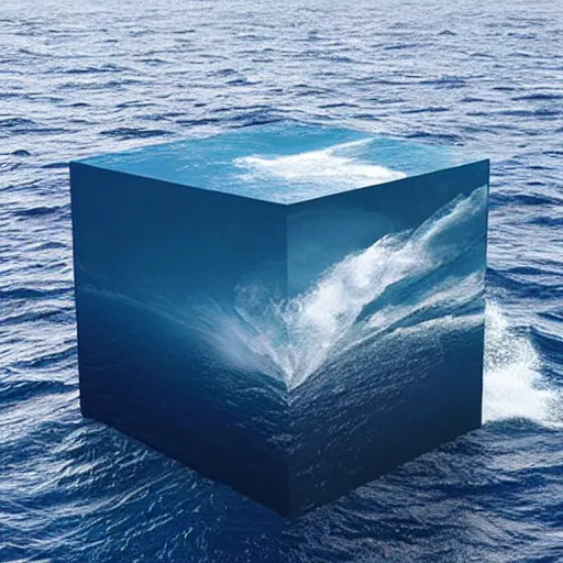 Image similar to a cube in the middle of the sea with images of a tumultuous sea on its sides. in the style of Richard Serra