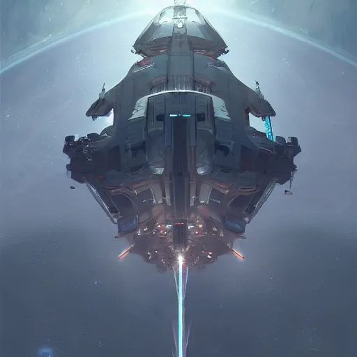 Image similar to concept art of a large space vessel in the shape of an spear flying through the space, scifi, beautiful ilumination, artstation hq