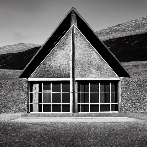 Image similar to scottish blackhouse designed by le corbusier. fujinon premista 1 9, 4 5 mm