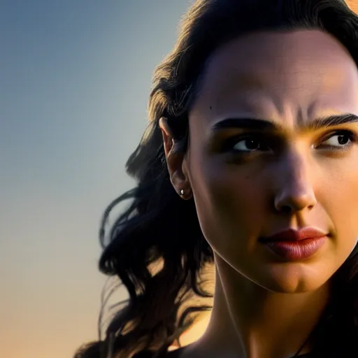 Image similar to photo of the beauty gal gadot, she is posing while maintain a sweet eye contact to the camera, she has a crown of flowers, the photo was taken at sunset with a bokeh effect, photo taken by edward steichen, photorealistic, matte painting, hyper realistic, 4 k, 8 k, cinematic composition, hd, highly detailed, trending on artstation