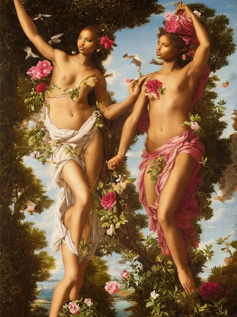 Image similar to regal portrait of jasmine tookes as aphrodite, goddess of love : : the birth of venus : : background of roses, myrtle, doves : : rococo, academicism