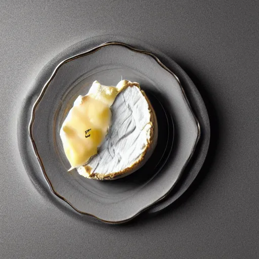 Image similar to Camembert on a shiny plate on it, award winning photograph, artstation, incredible quality, hyperrealistic, sharp, high resolution