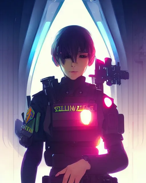 Image similar to anime key visual of a female officer, swat vest, neon, cyberpunk, futuristic, stunning, highly detailed, digital painting, smooth, soft focus, illustration, movie poster, japanese typography, digital art from artstation by artgerm and greg rutkowski and alphonse mucha