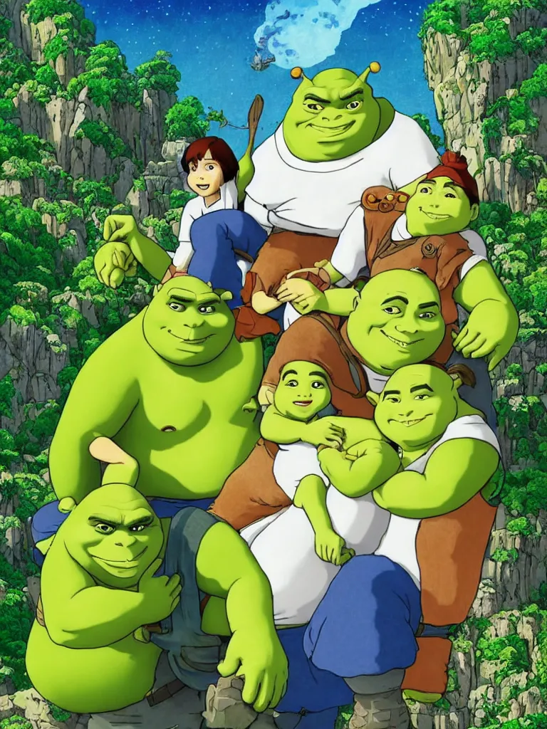 Image similar to shrek movie poster in the style of studio ghibli hayao miyazaki hd illustration