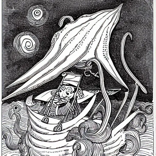 Image similar to a giant squid carrying napoleon on its back, coloring book page