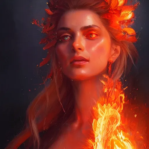 Image similar to a beautiful portrait of a fire goddess, flaming background, a detailed painting by greg rutkowski and raymond swanland, featured on cgsociety, fantasy art, detailed painting, artstation hd, photorealistic