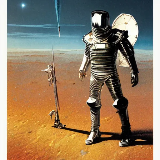 Image similar to crusader knight in armor standing on the moon, vintage sci - fi art, by bruce pennington