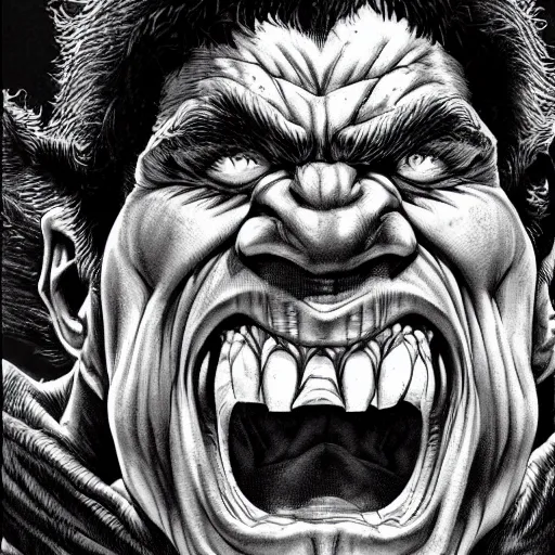 Prompt: the hulk yelling by kentaro miura, hyper-detailed portrait