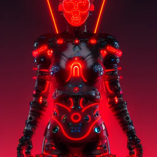 Prompt: cybernetic female warrior with glowing red heaphones and glowing red intricate sigils of death covering her body, intricate detail, finely detailed, small details, extra detail, trending on artstation, high resolution, 3D