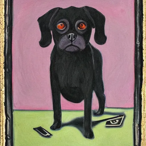 Image similar to portrait of an anthropomorphic fully black pugalier dog, renaissance style painting