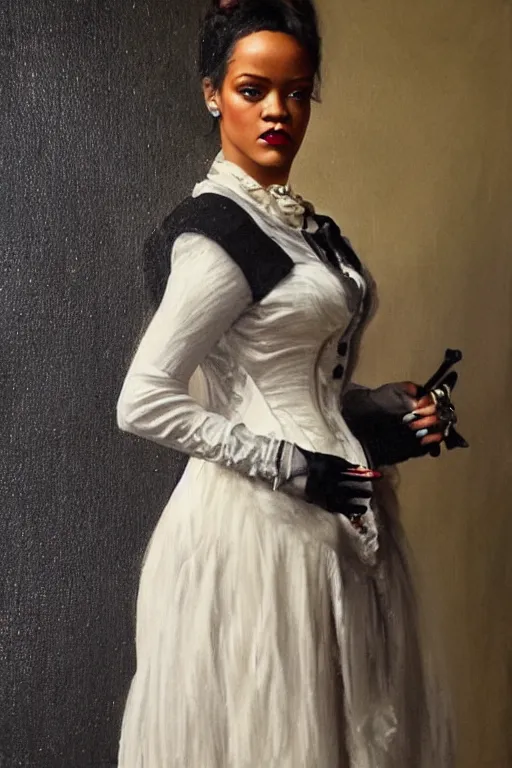 Prompt: a full body portrait of Rihanna as a Victorian-era girl, oil painting