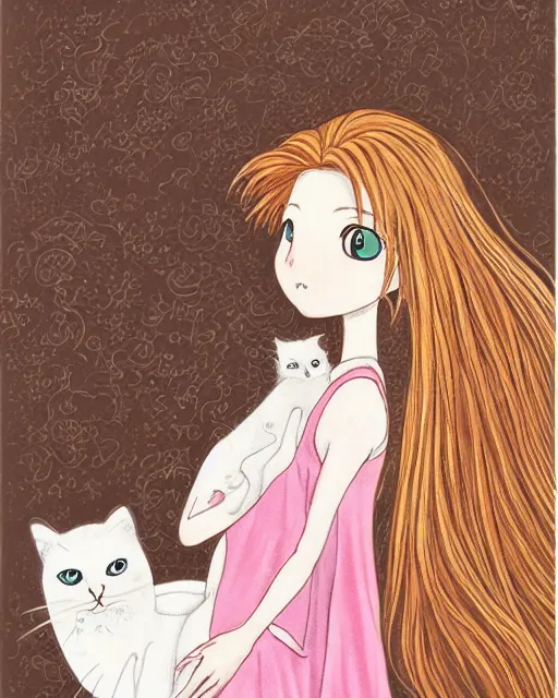 Image similar to a portrait of a young woman with very long pink hair undulating on the wind, light brown eyes, slightly chubby, pale skin, pretty, cute, holding a white cat. by naoko takeuchi