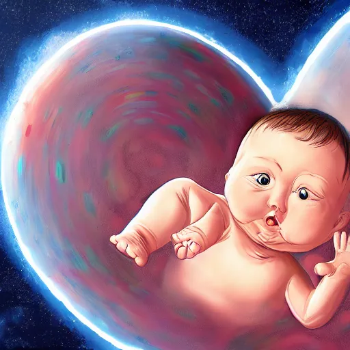 Prompt: a giant incest baby foating in space, realistic 4k, digital art cartoon