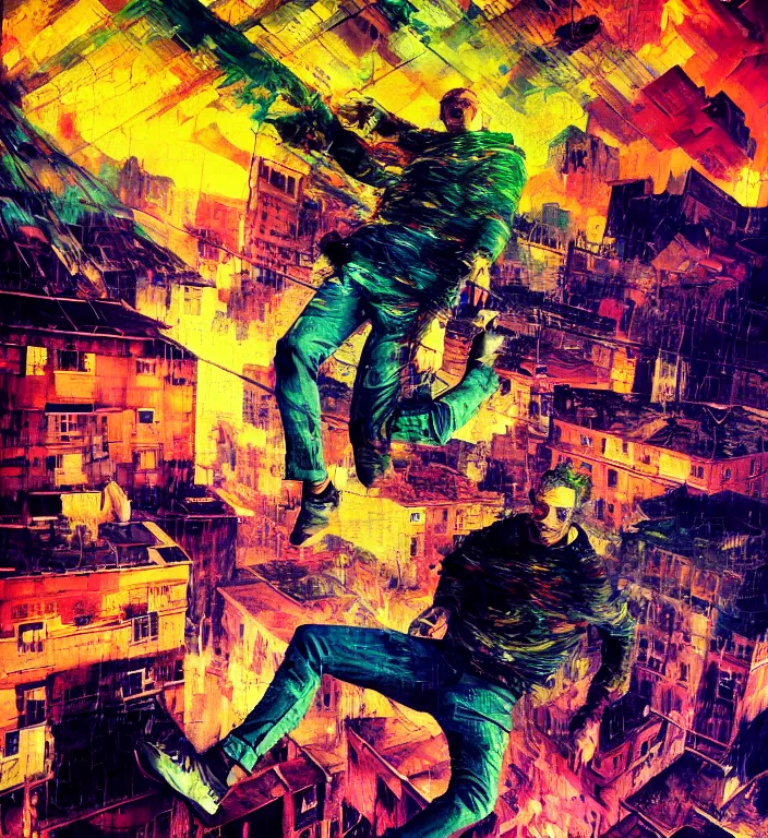 Prompt: realistic detailed image of a man jumping of a roof of ruined city by adrian ghenie and franz marc, high quality, ultra detailed. masterpiece, oil on canvas painting, pixel sorting, glitch, datamosh. bold and vivid acid neon colors. 8 k