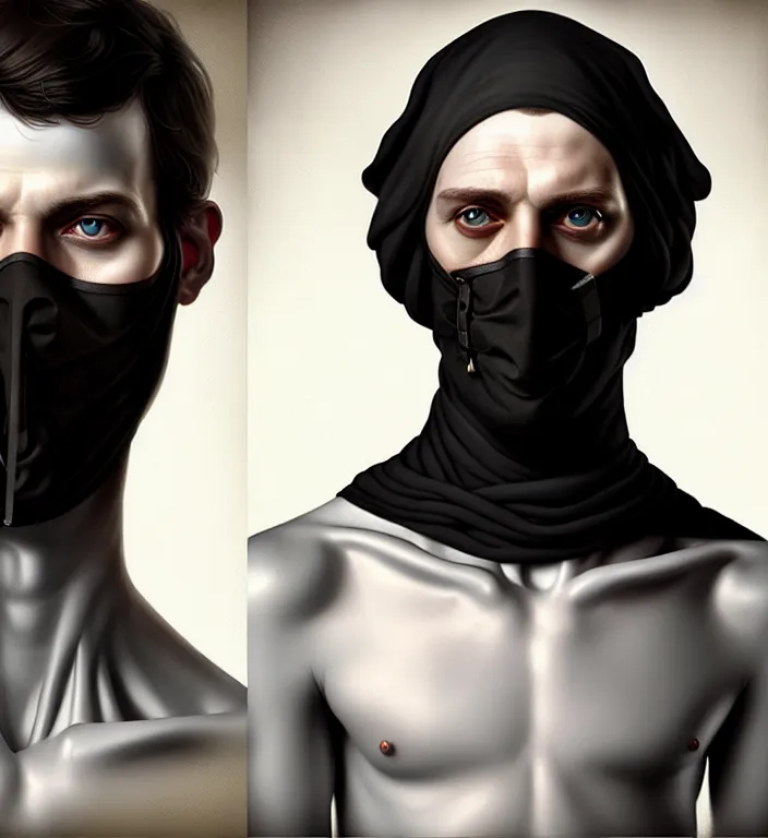 Image similar to white man with black fabric medical mask, short dark hair, highly detailed face!!!, true anatomy!, extremely detailed!, digital painting, unreal engine 5, art by tom bagshaw