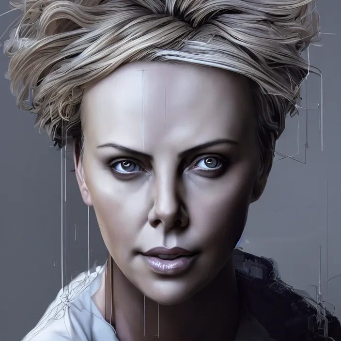 Image similar to portrait of charlize theron as a nurse. intricate abstract. intricate artwork. by tooth wu, wlop, beeple, dan mumford. octane render, trending on artstation, greg rutkowski very coherent symmetrical artwork. cinematic, hyper realism, high detail, octane render, 8 k, iridescent accents