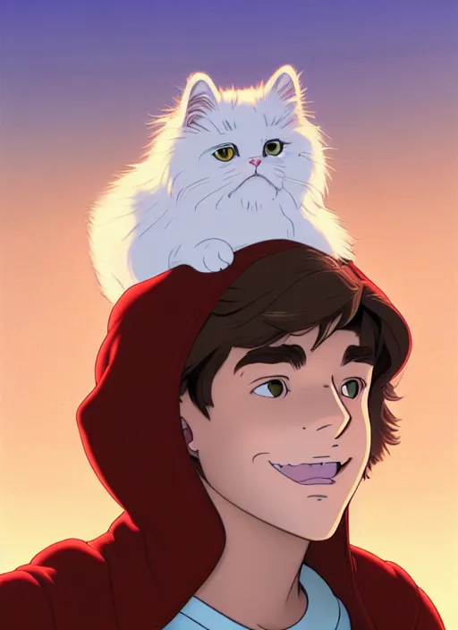 Prompt: teen boy with brown hair and big blue eyes, wearing a hoodie, fluffy white persian cat, natural lighting, path traced, highly detailed, high quality, cartoon, digital painting, by don bluth and ross tran and studio ghibli and alphonse mucha