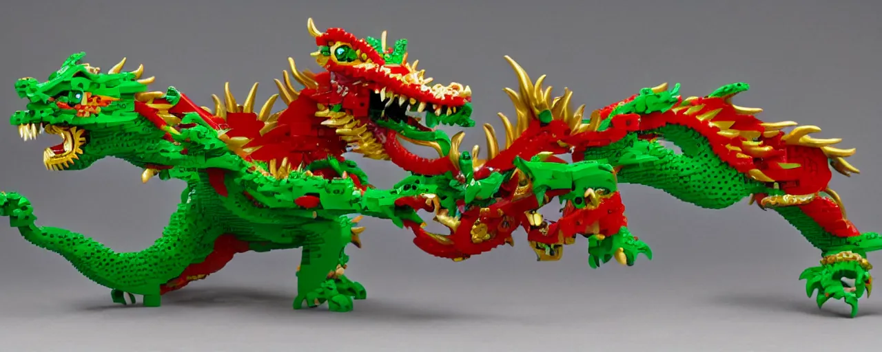 Image similar to Chinese beautiful dragon, with green and red scales, golden mask, sharp teeth, made of LEGO, in the style of LEGO