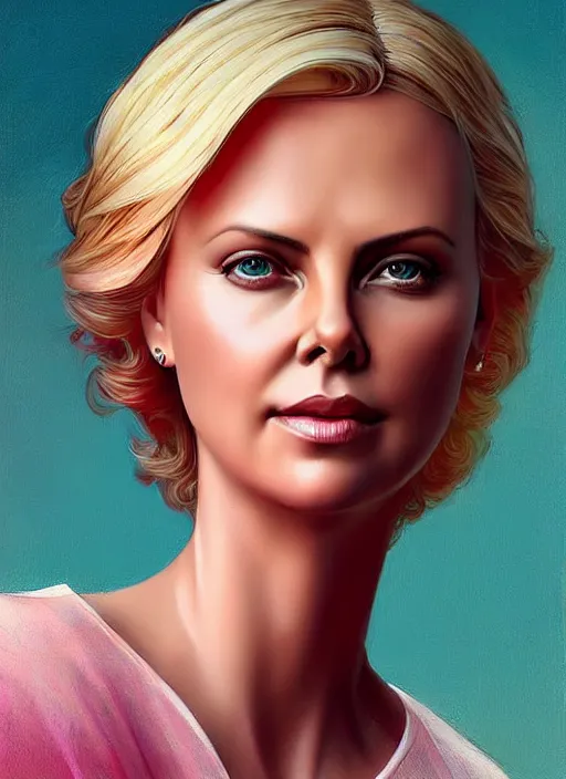 Image similar to charlize theron as a barbie doll, path traced, highly detailed, high quality, digital painting, alena aenami, lilia alvarado, shinji aramaki, karol bak, alphonse mucha, tom bagshaw