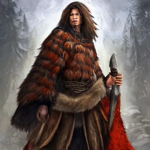 Prompt: head and shoulders character portrait of Bjørn, a travelling shaman wearing a bearskin cloak and holding a fang dagger. D&D character art by Keith Parkinson.