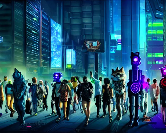 Image similar to high - resolution photograph from a cyberpunk era furry fandom convention ( midwest furfest 2 0 4 7 ), taking place after the genetic revolution and singularity. photorealistic.