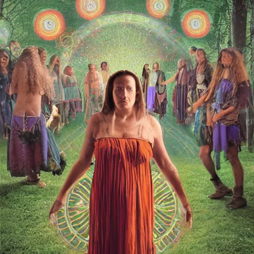 Prompt: holofrenia is a shaman, surrounded by a crowd of time travellers inside sacred geometry landing fibonacci energy portals, detailed portrait photo, kodak ektachrom, gregory crewdson light crowd abduction