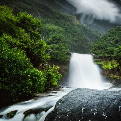 Prompt: a floating island with a waterfall flowing into a valley, stormy, landscape, fantasy, 28mm lens