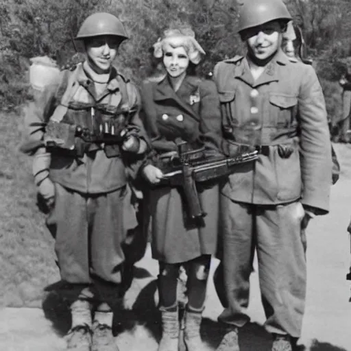 Prompt: a very cute anime girl with american soldiers during ww2