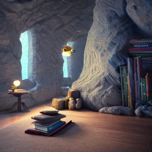 Image similar to books cave, 3 d render, incredible details, highly detailed, photorealistic, disney pixar, smooth, octane render, iridescent, 8 k