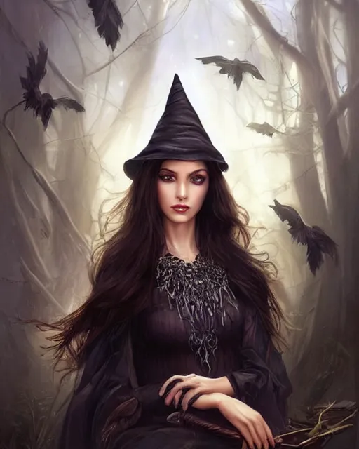 Image similar to a beautiful female modern witch, 8 k, hyperrealistic, dark hair very long, no hat, hyperdetailed, fantasy portrait by laura sava