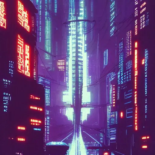 Image similar to high detailed neuromancer in a cyberpunk city at night with a torii in the background by Syd Mead, high quality, 4K, UHD, trending on ArtStation, blade runner vibes, ghost in the shell