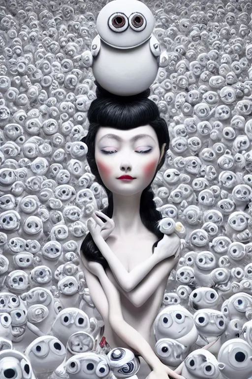 Image similar to 3 d full head and shoulders beautiful white porcelain woman with white big eyeballs all through her hair, ornate detailed hair, 3 d swirling hair by theodor seuss geisel and daniel arsham and xiang duan, simon stalenhag, kim jung gi, on a white background