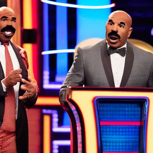 Image similar to steve harvey with horrifying tentacle arms and snake moustache, hosting family feud