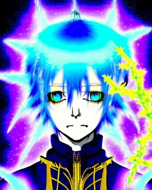 Prompt: a hologram of rimuru tempest with golden yellow eyes and sky blue hair, wearing a gothic spiked jacket, holography, irridescent, baroque visual kei decora art