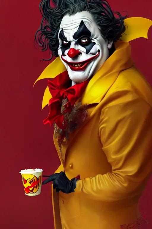 Image similar to a very fat sinister looking joker dressed in yellow and red rubber latex Ronald Macdonalds costume, fantasy, intricate and very very beautiful and elegant, highly detailed, digital painting, artstation, concept art, smooth and sharp focus, illustration, art by tian zi and WLOP and alphonse mucha