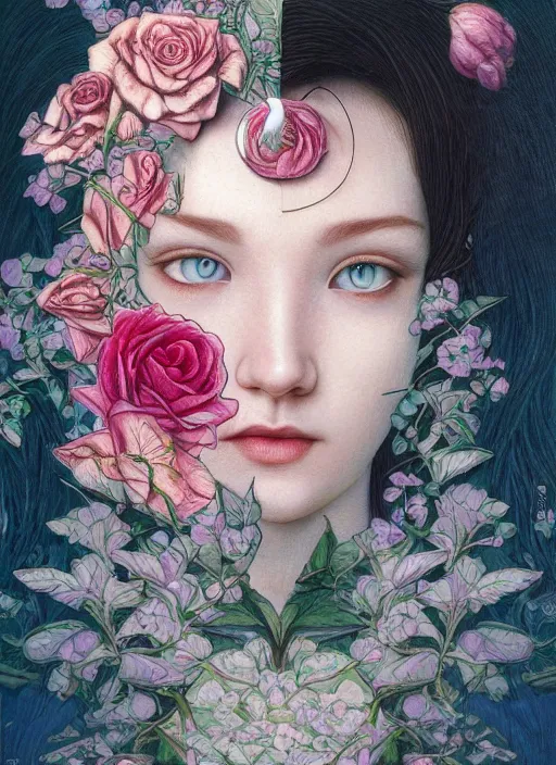 Image similar to white girl, cat eye, botanical, rose, portrait face, colorful, kupka, intricate, miles johnston, kuroda seiki, ozabu, godward, painterly, yoshitaka amano, moebius, miles johnston, louise zhang, james jean, mark ryden lowbrow pop surrealism art style