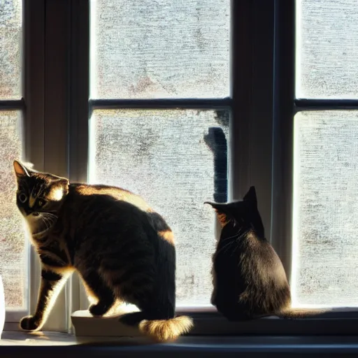 Image similar to black cat and tabby cat in a sunlit window