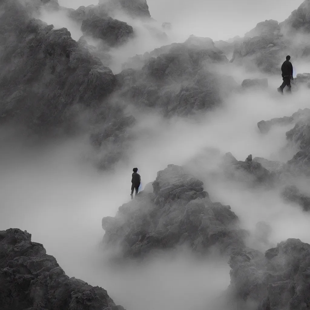 Prompt: a man walking up a set of stairs in the clouds, an ambient occlusion render by wang yuan, cg society contest winner, interactive art, made of mist