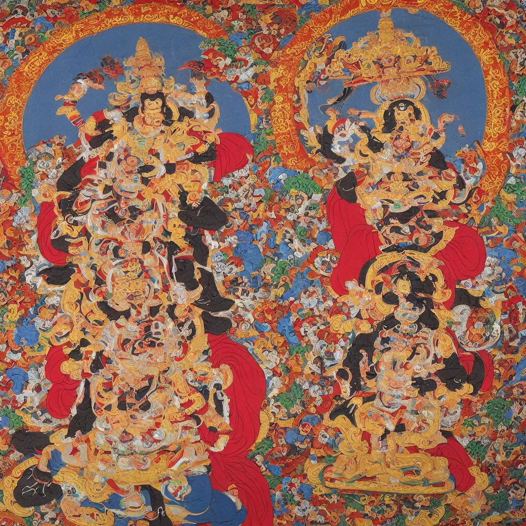 Image similar to mahakala tibetan deity as the mad drunk french philosopher foucault, tibetan thangka