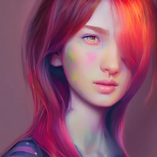 Prompt: portrait of teen girl, art by Ross tran, vivid color palette, digital painting, 3D, octane render, post process in Photoshop, highly detailed